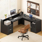 63" Farmhouse L Shaped Desk with Drawers & Printer Shelf for Home Office by YomiluveDesign