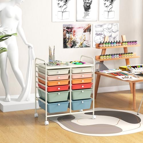 LDAILY 12 Drawer Rolling Storage Cart, Craft Cart Organizer on Wheels w/Metal Frame, Large Capacity & Smooth Drawer, Rolling Cart w/Drawers for Classroom, Office - Image 2