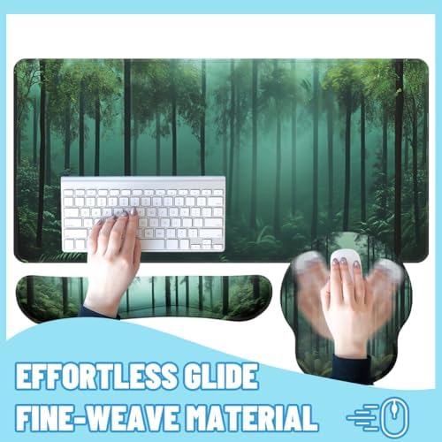 Mystic Forest Desk Mat Set Green Fog Woodland Mouse Pad with Wrist Rest 4in1 Desk Mat for Desktop Ergonomic Computer Desk Arm Wrist Anti-Slip Computer Ergonomic Mouse Pad Home Office Gaming - Image 4