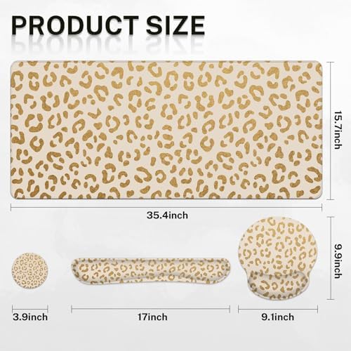 Arttown Keyboard Mouse Pad Set, 4 in 1 Desk Mat Set Leopard Gold - Image 2