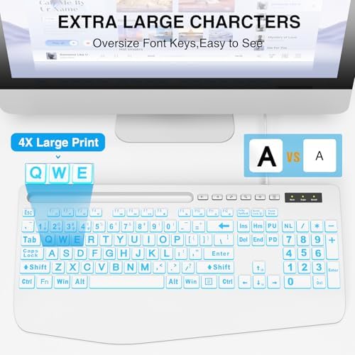 SABLUTE Wired Large Print Backlit Computer Keyboard with Wrist Rest (White) - Image 2
