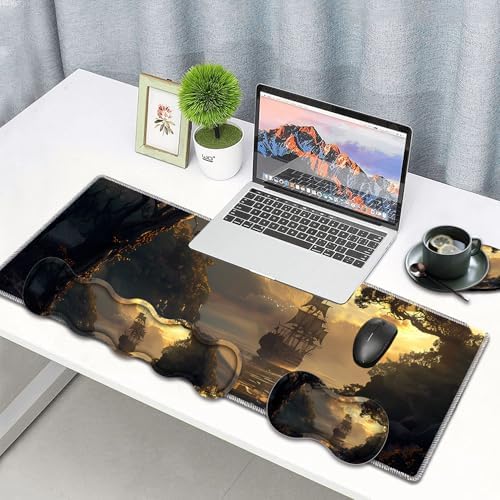 Large Gaming Mouse Pad, Keyboard Wrist Rest Pad + Mouse Wrist Pad + Coaster 4 in 1 Set, Extended Waterproof Non-Slip Desk Mat, Suitable for Office Home Learning Games, Pirate Ship - Image 2