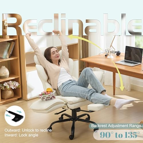 Flip Armrests Criss Cross Office Chair, Reclining Office Chair with Foot Rest, Adjustable Headrest, Massage Waist Pillow, Cross Legged Big and Tall Desk Chair Wide Seat Vanity Chair, White PU Leather - Image 5