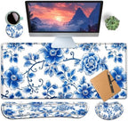 Large Gaming Mouse Pad+ Keyboard Wrist Rest Set, Ergonomics Memory Foam Mouse Mat Wrist Rest Support for Home Office, Waterproof Extended Mousepad 31.5x11.8in, Blue Flowers White Desk Pad by YVBHCGGGF
