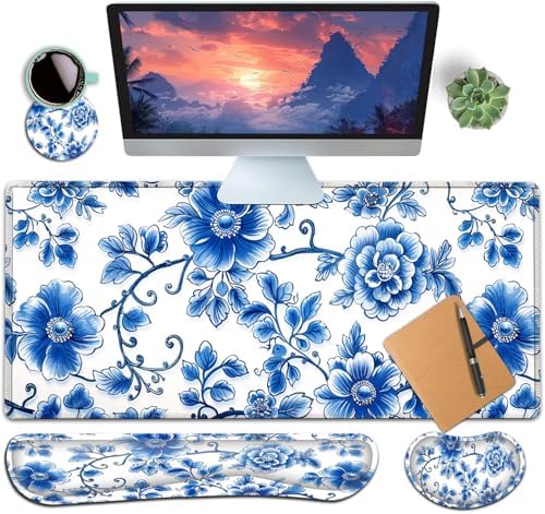 Large Gaming Mouse Pad+ Keyboard Wrist Rest Set, Ergonomics Memory Foam Mouse Mat Wrist Rest Support for Home Office, Waterproof Extended Mousepad 31.5x11.8in, Blue Flowers White Desk Pad by YVBHCGGGF