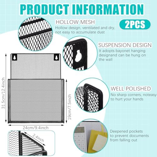 AmazingSpark 2 Pcs 12 Inch Metal Wall Magazine Holder High Pocket Mesh Hanging File Organizer Wall Mounted Storage Rack with Screws for Magazines Documents File for Office Home Organization(2.4 Inch) - Image 2