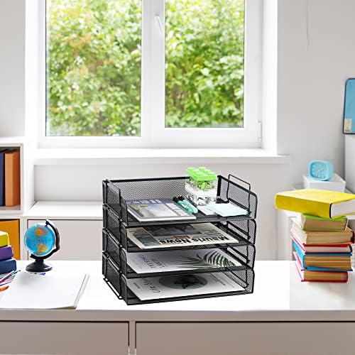 EASEPRES 4 Pack Stackable Desk Paper Tray, Metal Mesh Desktop Document Letter File Organizer for Office Home School, 13.5'' L x 9.75'' W x 11'' H, Black - Image 2