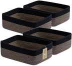 MiniArk Large Shallow Organizing Baskets 15x11x5.1 Inches - Rope Woven Storage Bins for Bathroom, Shelves, Cube Closet, Black Woven Brown 4 Packs by MiniArkStorageBasketsHome