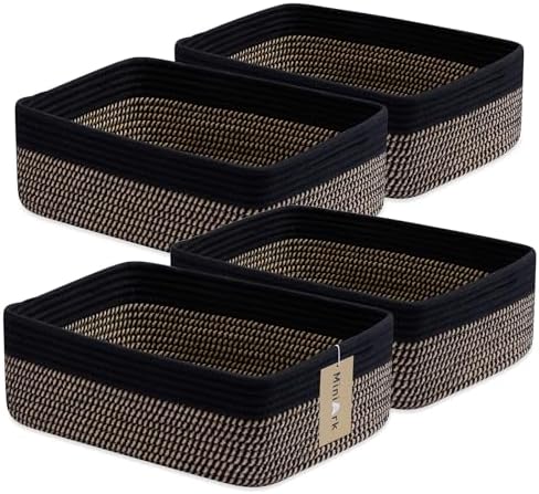 MiniArk Large Shallow Organizing Baskets 15x11x5.1 Inches - Rope Woven Storage Bins for Bathroom, Shelves, Cube Closet, Black Woven Brown 4 Packs by MiniArkStorageBasketsHome