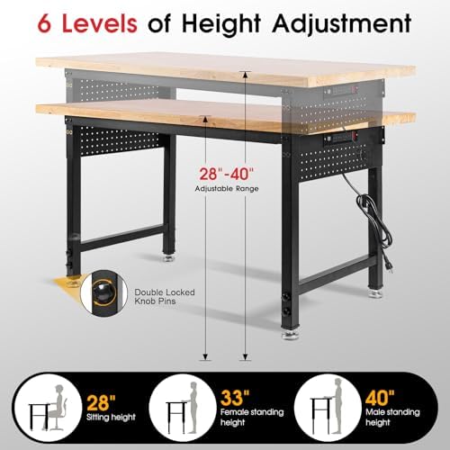 60” Heavy Duty Workbench, 2000 LBS Load Capacity Rubber Wood Work Table with Power Outlets, Pegboard, Work Bench for Garage, Office, Home, Workshop, Commercial - Image 4