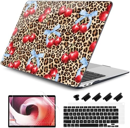 DONGKE for MacBook Air 13 Inch Case 2021-2018, Compatible with A2337 M1 A2179 A1932 Support Retina Display & Touch ID, Hard Shell Plastic Cover with Keyboard Skin - Cherry & Leopard by DONGKE
