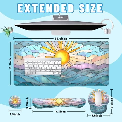 Boho Sun Desk Mat Set Stained Glass Sea Coastal Sunset Large Mouse Pad with Wrist Rest 4in1 Desk Mat for Desktop Ergonomic Computer Desk Arm Wrist Anti-Slip Computer Mouse Pad Home Office Gaming - Image 2