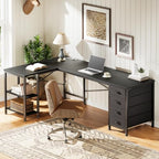 Huuger 55 Inch L Shaped Desk with Fabric Drawers, Reversible Computer Gaming Desk with Power Outlets and USB-C Port, Adjustable Side Storage Shelves, for Work Study Corner Home Office, Black - Image 7