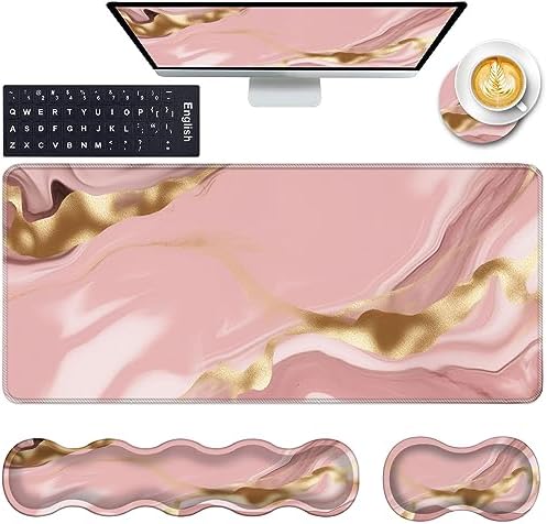 Keyboard Wrist Rest and Mouse Pad with Wrist Support Set Ergonomic Coaster,Memory Foam,Easy Typing Pain Relief,Large XL Desk Mat 31.5"x 11.8",Pink Marble by CICPLKSE