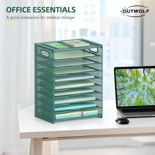 OUTWOLF 10 Tier Paper Organizer - Letter Tray Mesh Desk File Organizer with Handles for Office School Desktop, Green - Image 2