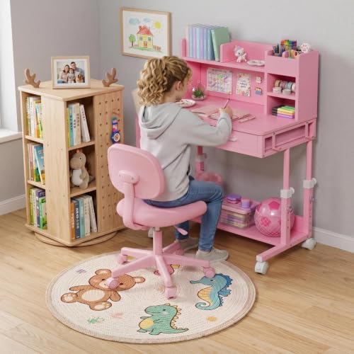 Pink Kids Desk with Hutch, 32" Height Adjustable Mobile Rolling Girls Desk - Image 5