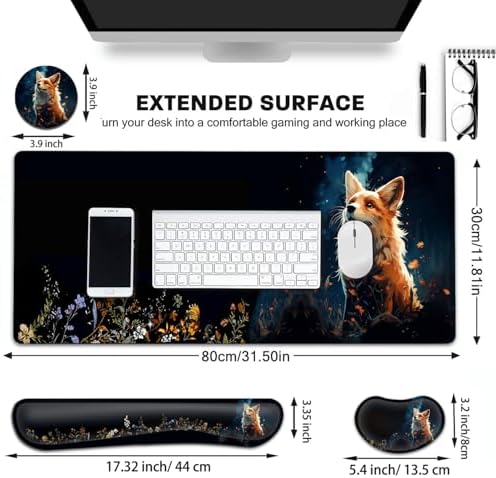 Large Gaming Mouse Pad+ Keyboard Wrist Rest Set, Ergonomics Memory Foam Mouse Mat Wrist Rest Support for Home Office, Waterproof Extended Mousepad 31.5x11.8in, Cute Red Fox Animal Black Desk Pad - Image 6