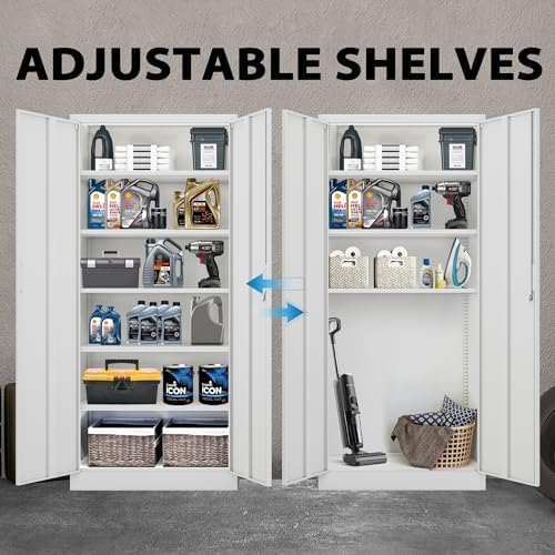 CJF 71" H Metal Storage Cabinet, Locking Cabinet with 2 Doors and 5 Adjustable Shelves, White Tall Cabinet for Garage, Home, Office, Pantry, Workshop, School - Image 4