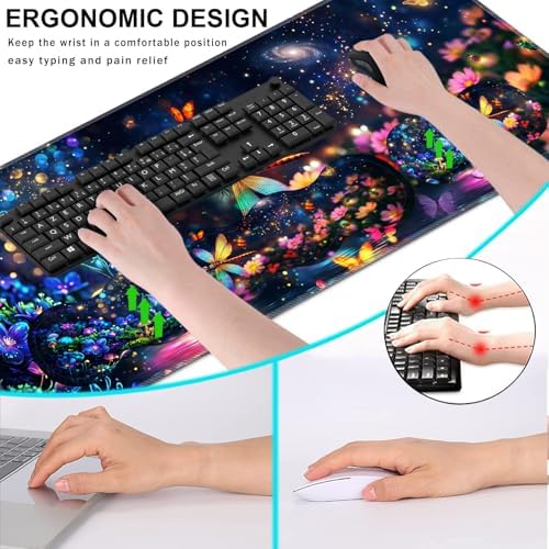 Keyboard Wrist Rest and Mouse Pad with Wrist Support Set Ergonomic Coaster,Memory Foam,Easy Typing Pain Relief,Large XL Desk Mat 31.5"x 11.8",Dragonfly Flower - Image 6