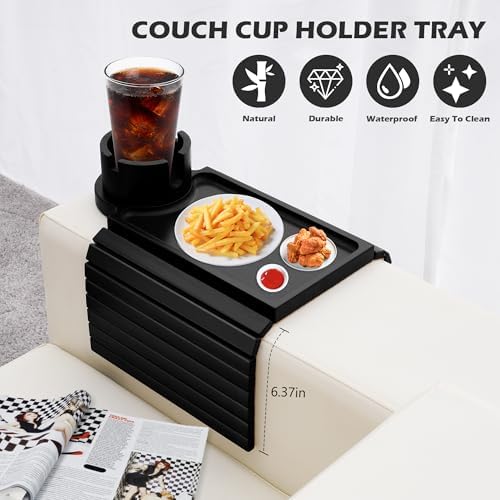 GHKINMAL Couch Arm Tray with Cup Holder,Fits Arm 6.3"+Wider,Black Bamboo - Image 2