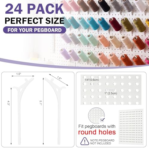 Xuhal 24 Pack Pegboard Spool Hooks for 1/4" Pegboard Organizer for Raft Embroidery Sewing 45 Degree Angled Spool Holder Quilting Craft Organizer Accessories for Thread Tape Paper Rolls(White) - Image 2