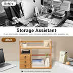 Bamboo Desktop Bookshelf, Desktop Bookshelf Organizer with 3 Drawers Desk Shelf Desktop Hutch Desk Bookshelf Desk Organizer Shelf Cute Small Desk Display Cubby Top for Home Office Bedroom - Image 6