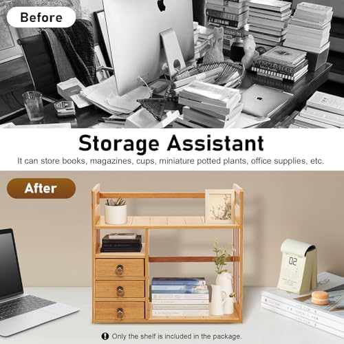 Bamboo Desktop Bookshelf, Desktop Bookshelf Organizer with 3 Drawers Desk Shelf Desktop Hutch Desk Bookshelf Desk Organizer Shelf Cute Small Desk Display Cubby Top for Home Office Bedroom - Image 6