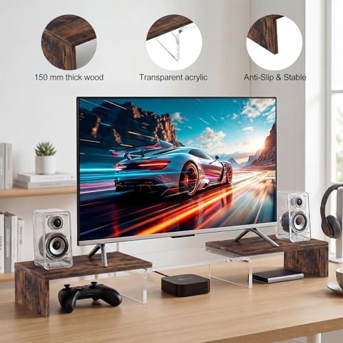 Dual Monitor Riser, Acrylic Monitor Riser with Keyboard Storage, Adjustable Angle & Length Computer Monitor Stand, Wide Desk Shelf for Top of Desk for Home Office_Wood Look - Image 7
