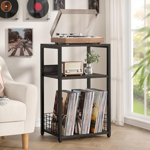 LELELINKY Large Rustic Grey Record Player Stand, 3 Tier 18" Wide Big End Table with Vinyl Storage Up to 130 Albums, Industrial Turntable Printer Tables, Modern Side Tables for Living Room, Office - Image 4