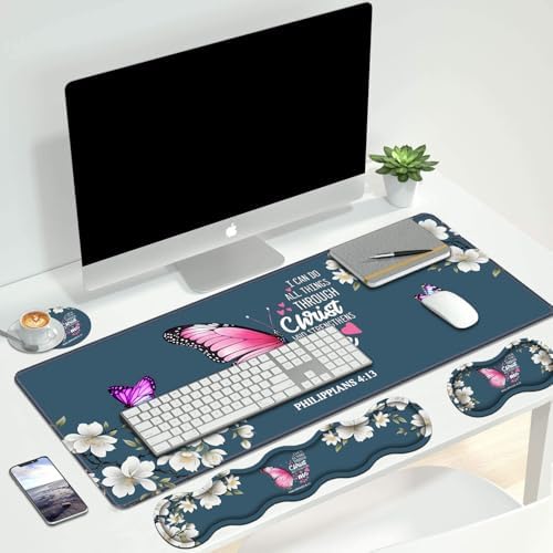 Ergonomic Keyboard Wrist Rest & Mouse Pad Wrist Rest Set, Large XXL Gaming Desk Mat 31.5"x 11.8" with Non-Slip Base for Home Office Study Gaming, Floral Butterfly Quote Bible Verse Philippians 4:13 - Image 7
