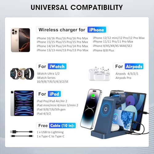Wireless Charger for iPhone - 5 in 1 Charging Station for Multiple Devices Apple: Fast Wireless Charging Stand Dock for iPhone 17 16e 16 15 14 13 12 Pro Max Apple Watch Airpods(Blue) - Image 3
