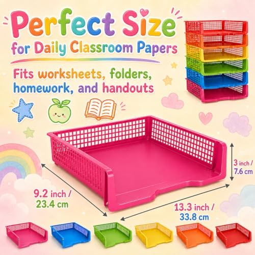 6 Pcs Colorful Turn in Trays Classroom, Stackable Paper Bins for Classroom, 13x9x2.8 inch Plastic Baskets Desktop Organization System Office (Colorful) - Image 2