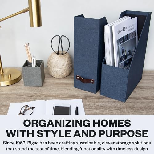 Bigso Box of Sweden Estelle Canvas Fiberboard Upright Magazine Holder and Organizer for Papers and Catalogs with Leather Handle - Magazine File Holder for Office Desks - 12.6in x 4.5in x 9.8in - Blue - Image 7