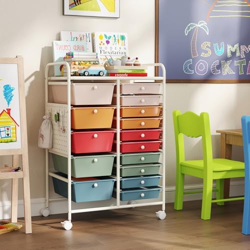 Giantex 15 Drawer Storage Cart, Rolling Craft Cart with Metal Tabletop & Pegboard, Mobile Utility Organizer Trolley with Locking Wheels, Home Office, Classroom, Teacher Supplies, Macaron Multicolor - Image 5