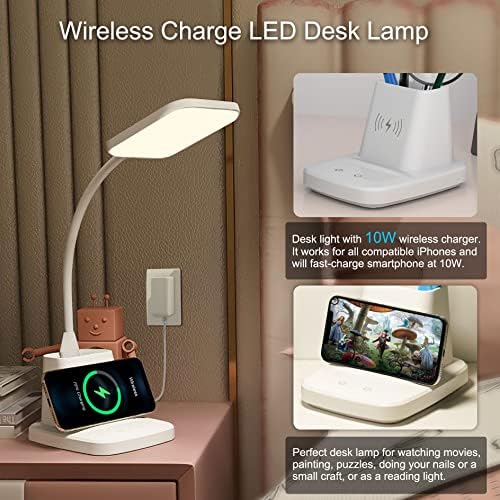 LED Desk Lamp with 10W Wireless Charging & Pen Holder, Snow White - Image 2