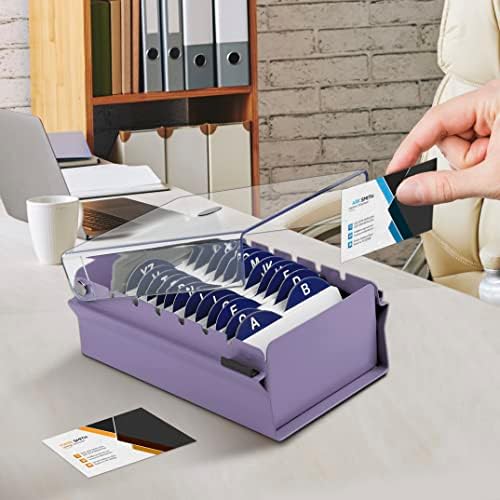 Acrimet Index Business Card Size File Holder Organizer Box Metal Base Heavy Duty (AZ Index Cards and Divider Included) (Purple Color with Clear Crystal Plastic Lid Cover) - Image 4