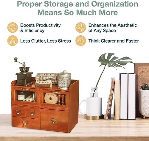 6-Drawer Desktop Organizing Cabinet - Office Supplies Organizer Chest - Vintage Drawers for Desk or Table Top - Classic Wood Drawers for Desktop - Drawer Organizer for Work Desk or Study Table - Image 6