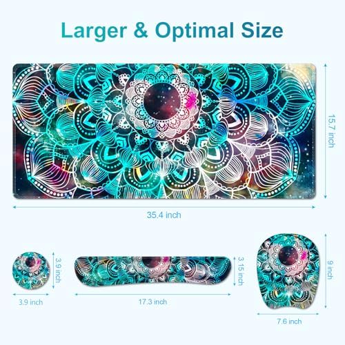 Large Mouse Pad with Wrist Support 4 in1 Set, XXL Big Game Mousepad + Keyboard Wrist Rest+Mouse Wrist Rest+Coaster Ergonomic Gaming Mat for Home Office Table Computer I Nice Green Mandala - Image 6