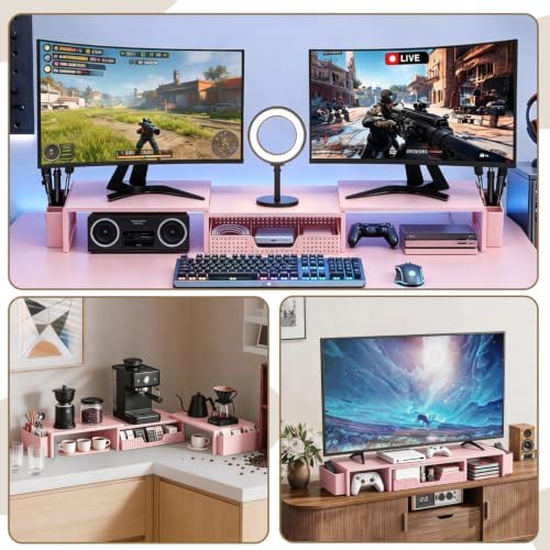 LEKETREE Dual Monitor Stand Riser with Drawer and 2 Pen Holders, Pink - Image 4