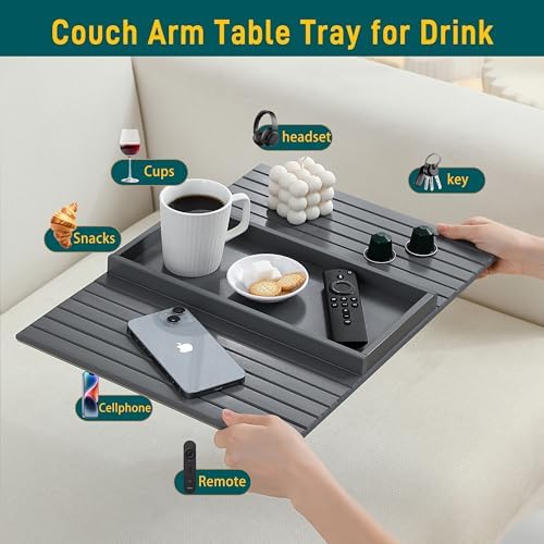 Bamboo Couch Arm Tray Table，Foldable Sofa Armrest Tray Table for Couch，Flexible and Anti-Slip Couch Arm Cup Holder，Portable Sofa Arm Chair Table for Drink,Cups, Eats，Snacks, Phone, Remote (Gray) - Image 5