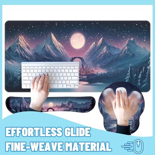 Fantasy City Desk Mat Set Night Moon Mountain Landscape Mouse Pad with Wrist Rest 4in1 Desk Mat for Desktop Ergonomic Keyboard Wrist Support Anti-Slip Computer Ergonomic Mouse Pad Home Office Gaming - Image 4