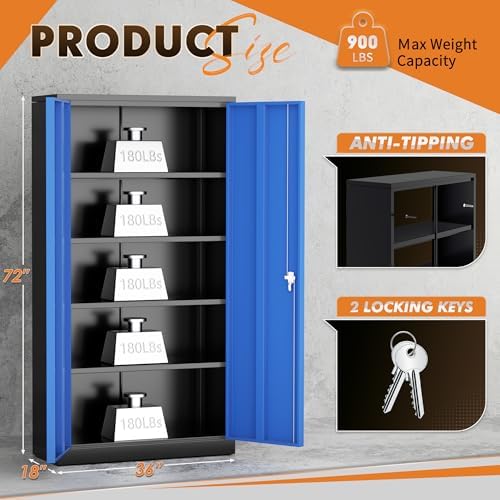 INTERGREAT Metal Storage Cabinet with Doors, 72" Locking Steel Storage Cabinet with Shelves, Tall Metal Cabinet Lockable Steel Cabinets for Home Office, Garage,(Black+Blue) - Image 3