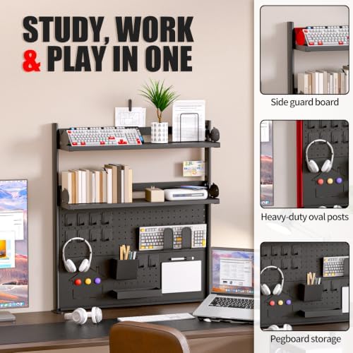Modern Metal Clamp-On Desk Hutch with Pegboard, 2-Tier Desktop Organizer Shelf for Home Office or Gaming Desk, 31.4", Black - Image 5