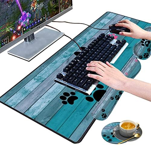 Large Gaming Mouse Pad, Keyboard Wrist Rest pad + Mouse Wrist pad + Coaster Set Extended Waterproof Non-Slip Table mat Suitable for Home Office Learning Games - Black and Pink Dog Paw Prints - Image 4