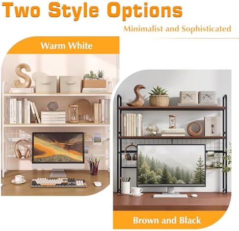 VECELO Retro Brown 2-Tier Desktop Bookshelf, Metal Desk Hutch with Grid Panel, 45.3 Inch Wide Countertop Storage Organizer for Bedroom & Dorm - Image 6