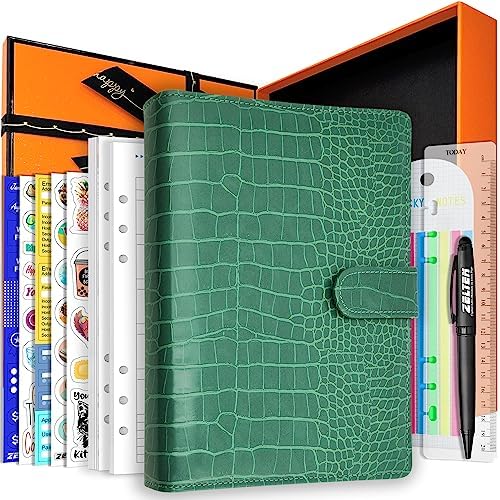 PU Leather Personal Notebook Planner with 80 Pages Loose-Leaf Papers 6 Holes Ring Binder Pen Holder Magnetic Buckle (Green Faux Crocodile Texture, A5 Gift Box) by Zelten