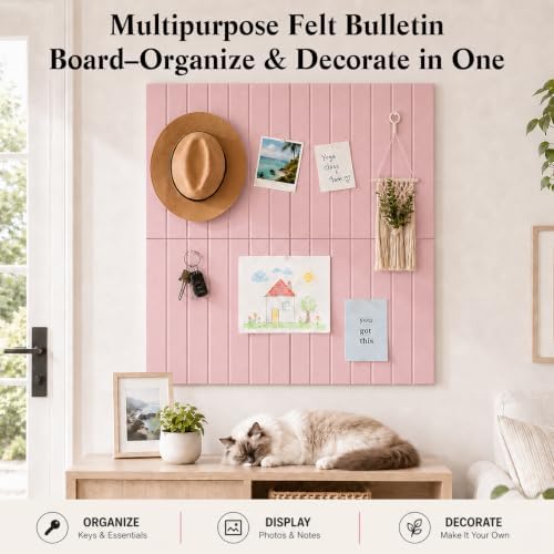48" x 36" Large Felt Bulletin Board, Bold-Stripe 12-Pack Cork Boards | Fabric Bulletin Board with 60 Adhesive Tabs, 50 Pushpins, Felt Wall Tiles for Office Push Pin Board Felt Board, Coral Pink - Image 2
