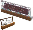 Artblox Personalized Office Desk Name Plate and Business Card Holder | Clear Acrylic Glass with Teak Wood Stand | Vintage Design Customized with Your Name and Credentials Office Desk Décor by Artblox