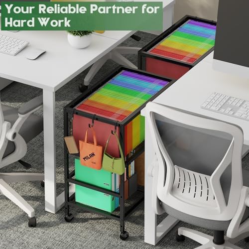 Rolling File Cart for Letter Size, Metal Hanging File Organizer with Storage Shelf, 2-Tier Mobile File Cabinet with 360° Wheels & Hooks, Under Desk Filing Cabinets for Home Office, Black - Image 2