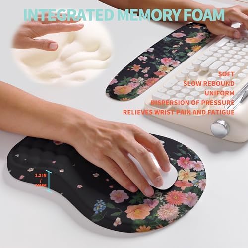 2-in-1 Ergonomic Set, Wave Rise Keyboard Wrist Rest and Massage Bulge Slope Mouse Pad Wrist Support, Cushion Memory Foam Integrated to Relieve Wrist Pain, Flower Dance - Image 4